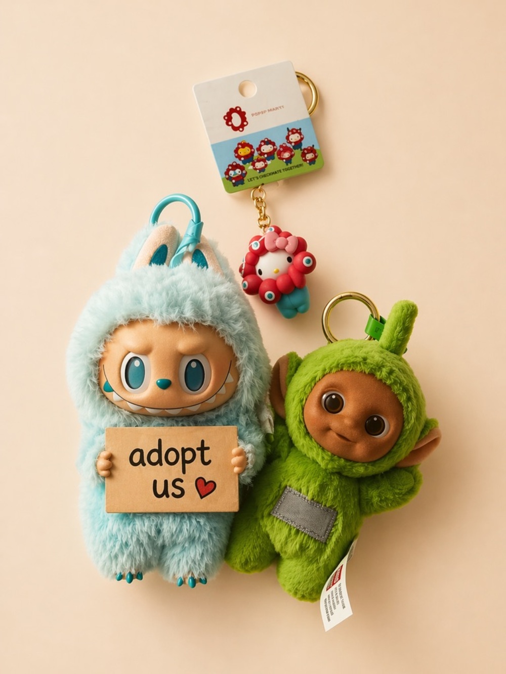 Labubu Plush Keychain Bundle 💖 Blue Labubu + Green Teletubby + Hello Kitty Charm